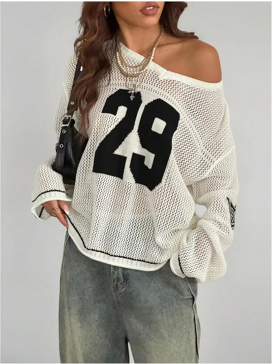 Women's Number Letter Graphic Sweater Hollow Out Crochet V Neck Pullover Long Sleeve Oversized Knit Tops