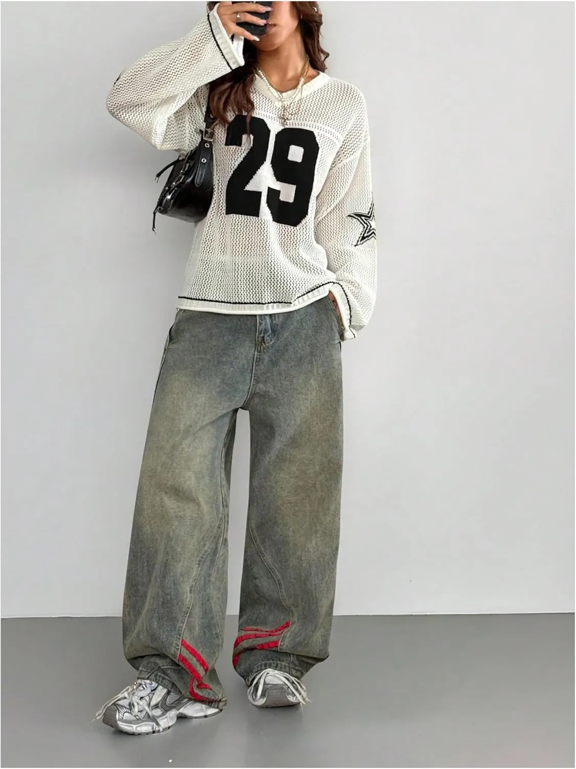 Women's Number Letter Graphic Sweater Hollow Out Crochet V Neck Pullover Long Sleeve Oversized Knit Tops