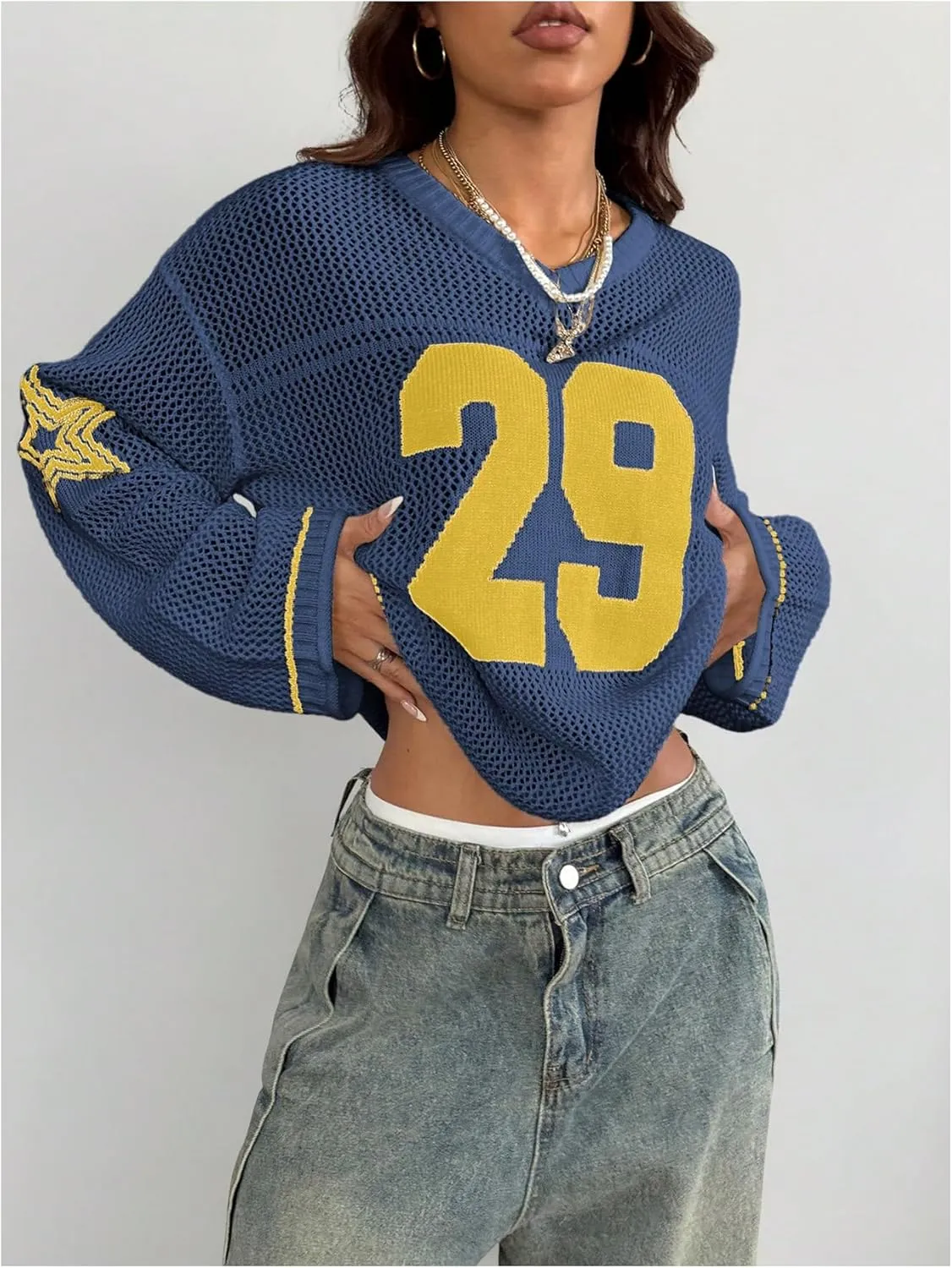 Women's Number Letter Graphic Sweater Hollow Out Crochet V Neck Pullover Long Sleeve Oversized Knit Tops