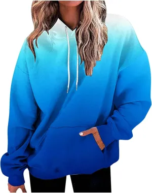 Women's Oversized Gradient Hooded Sweatshirts Loose Long Sleeve Hoodie Fleece Pullover Tops with Pocket