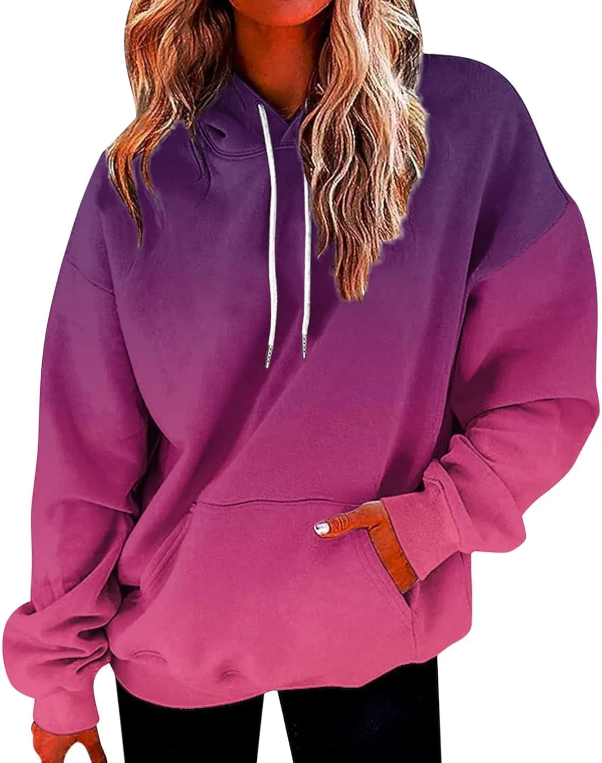 Women's Oversized Y2K Hoodies Pullover Tops Gradient Hooded Sweatshirts Fall Fashion Pocket Long Sleeve Blouse Outfits