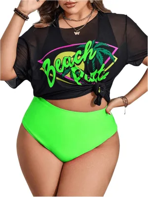 Women's Plus Size 3 Piece Tropical Graphic Contrast Mesh Bikini Swimsuit Set with Cover Up
