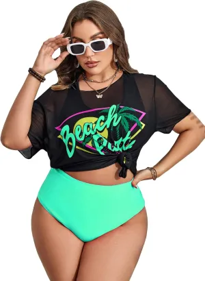 Women's Plus Size 3 Piece Tropical Graphic Contrast Mesh Bikini Swimsuit Set with Cover Up