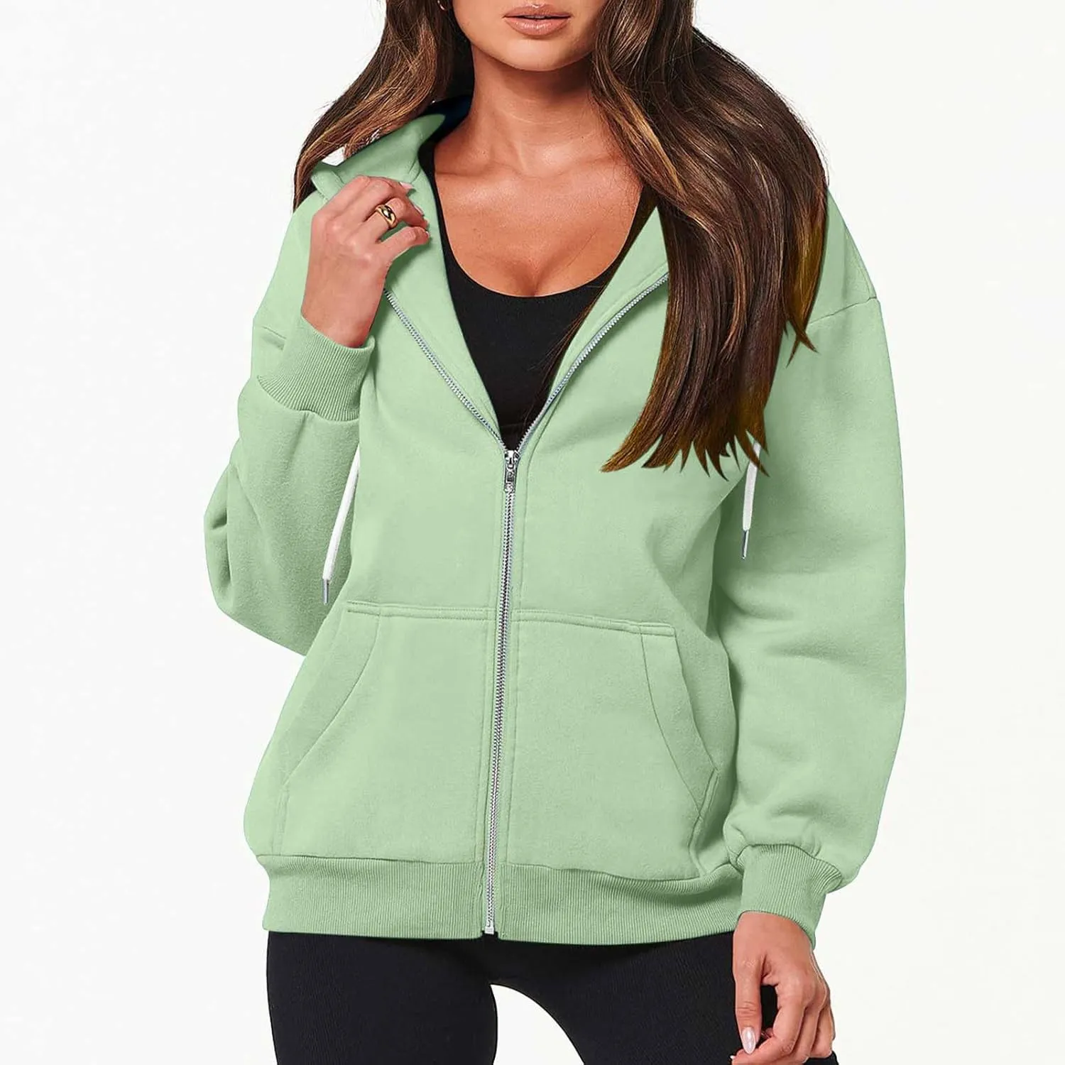 Women's Zipper Open Front Hoodies Fall Fashion 2023 Casual Solid Long Sleeve Pocket Jacket Coats Y2K Winter Clothes