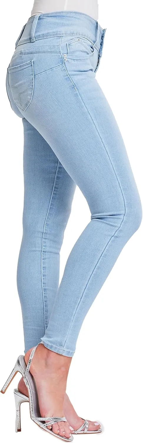YMI Womens Wannabettabutt 3 Button Mid-Rise Skinny Jean Made with Recycled Fibers