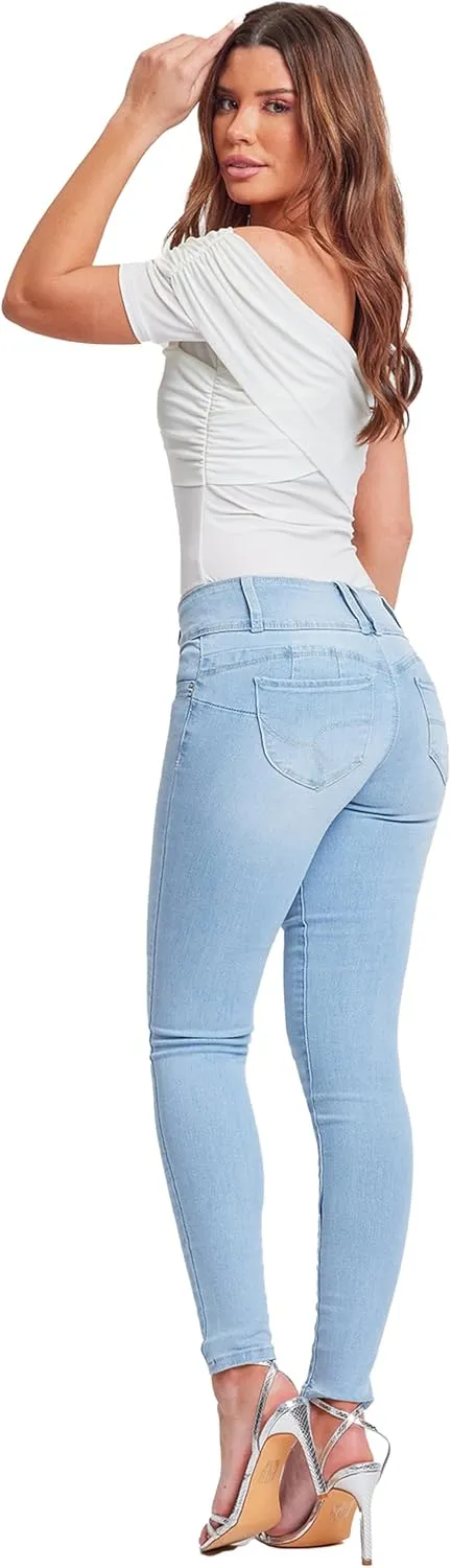 YMI Womens Wannabettabutt 3 Button Mid-Rise Skinny Jean Made with Recycled Fibers