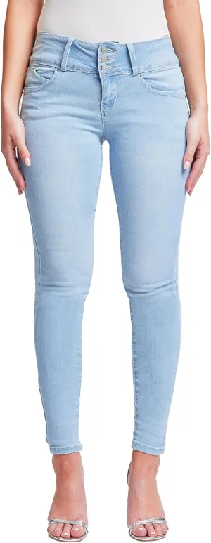 YMI Womens Wannabettabutt 3 Button Mid-Rise Skinny Jean Made with Recycled Fibers