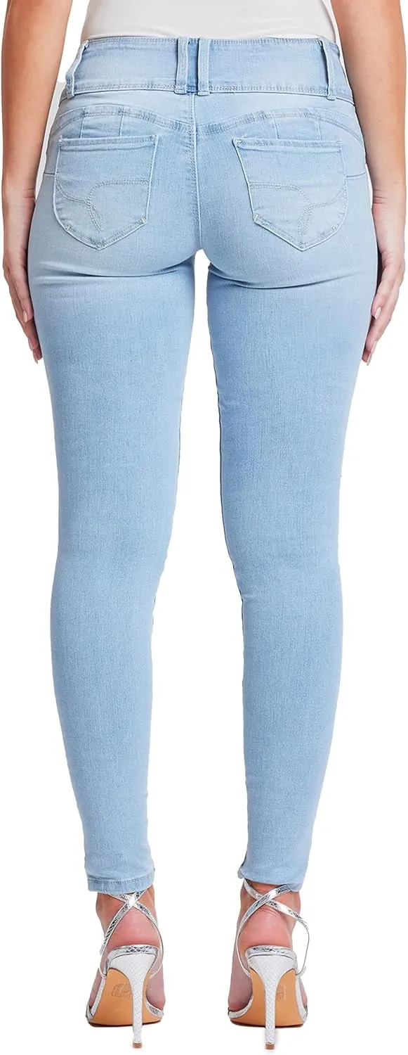 YMI Womens Wannabettabutt 3 Button Mid-Rise Skinny Jean Made with Recycled Fibers