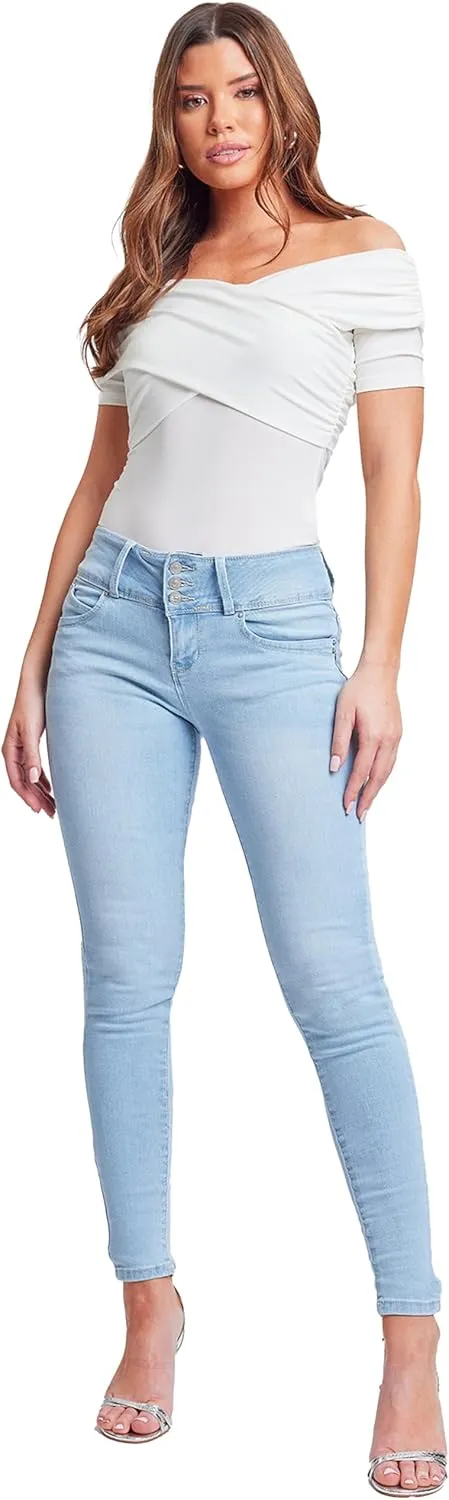 YMI Womens Wannabettabutt 3 Button Mid-Rise Skinny Jean Made with Recycled Fibers